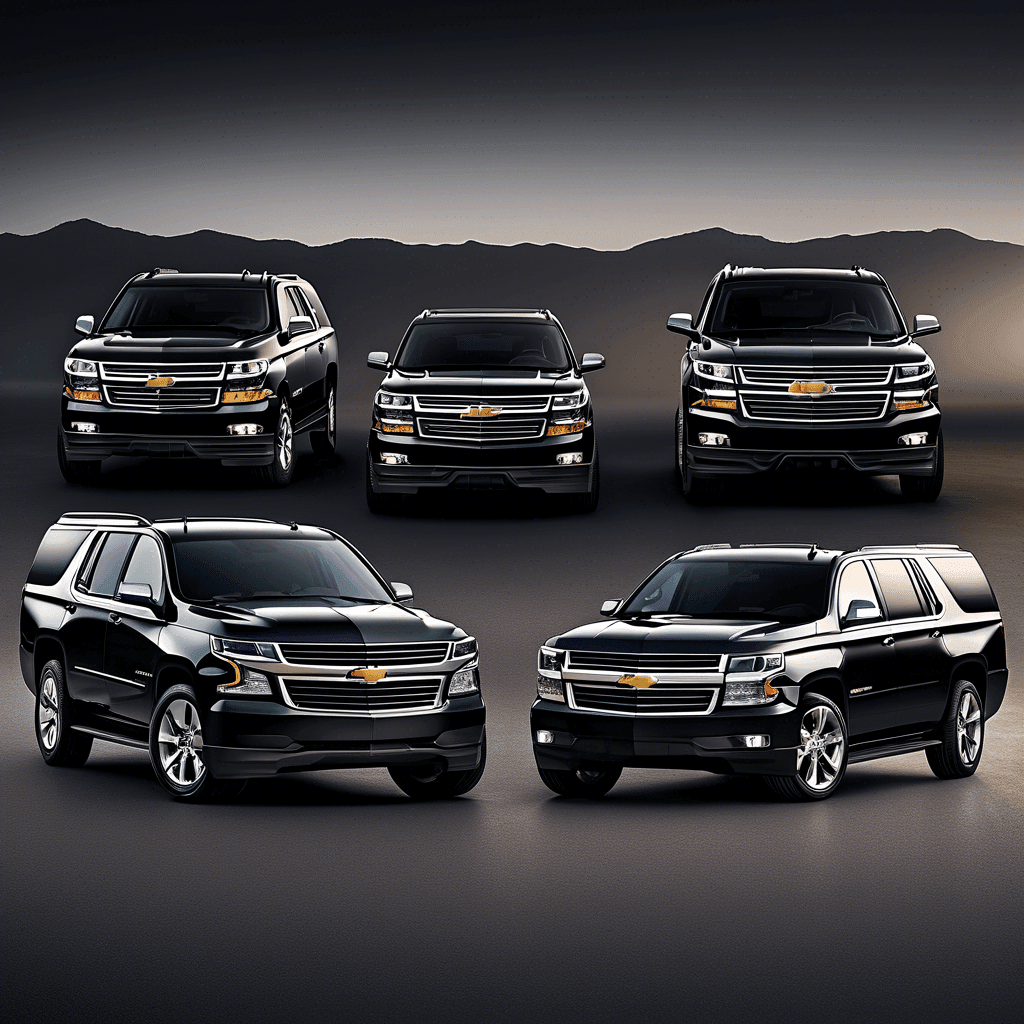 Five black Chevrolet SUVs parked in front of a mountainous backdrop at dusk.